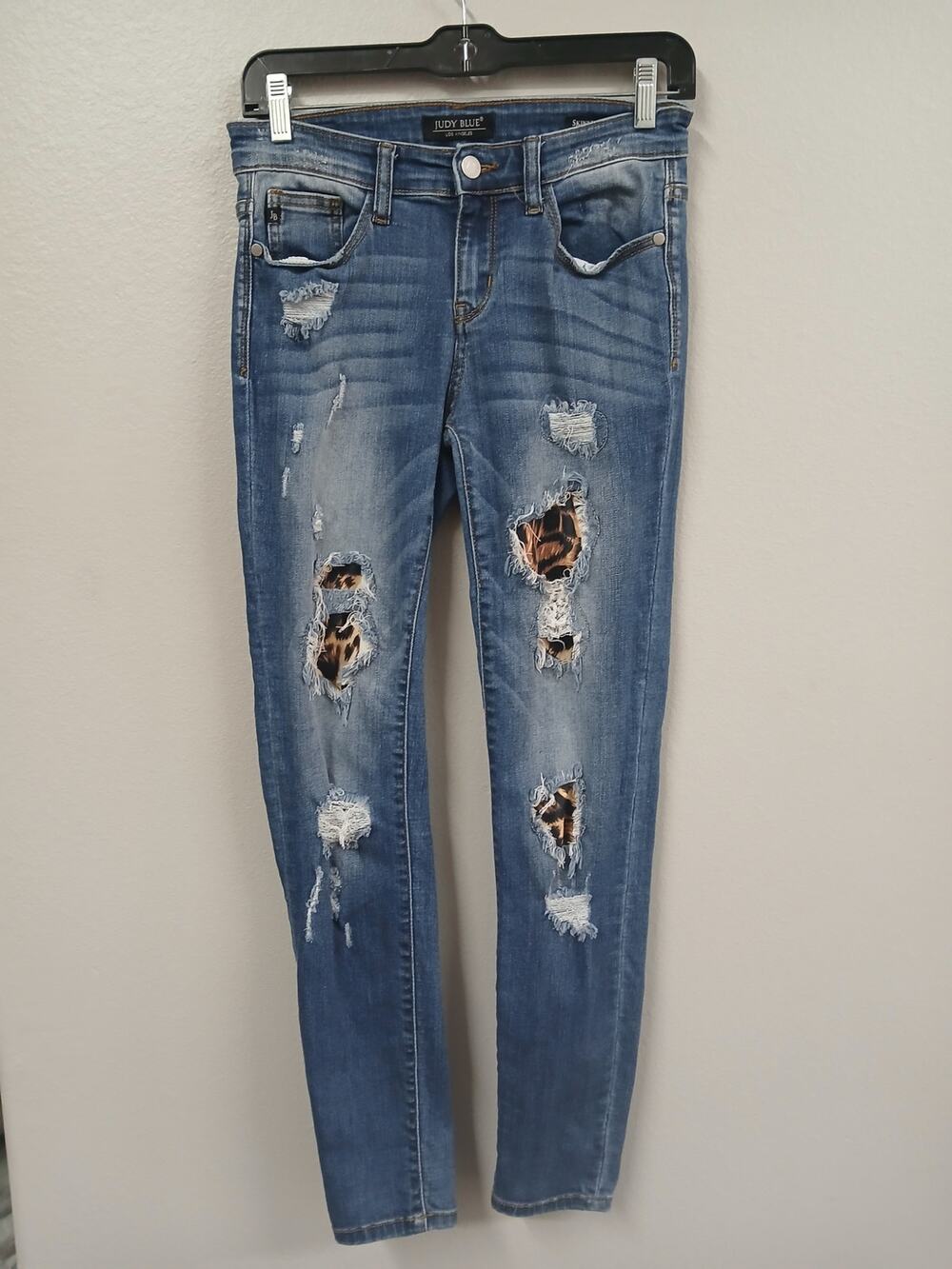 Judy Blue Distressed Skinny Jeans featuring Leopard Print Patches size 3